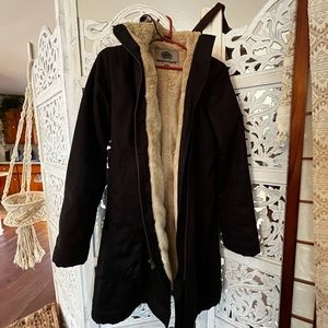 Ladies full length hemp hood lamb jacket size small black